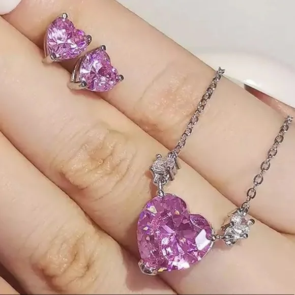 New 925 Silver Heart Earrings&Necklace Set - Picture 2 of 2